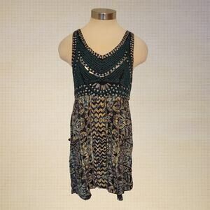 Boho Y2K Beaded Embroidered Tank Geometric Pattern ANGIE Black Green Large